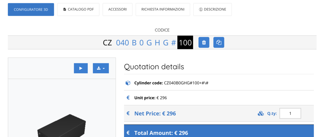 Vega Cylinders V500CZ online configurator with integrated 3D CAD