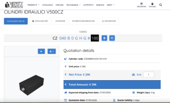 Vega Cylinders V500CZ online configurator with integrated 3D CAD
